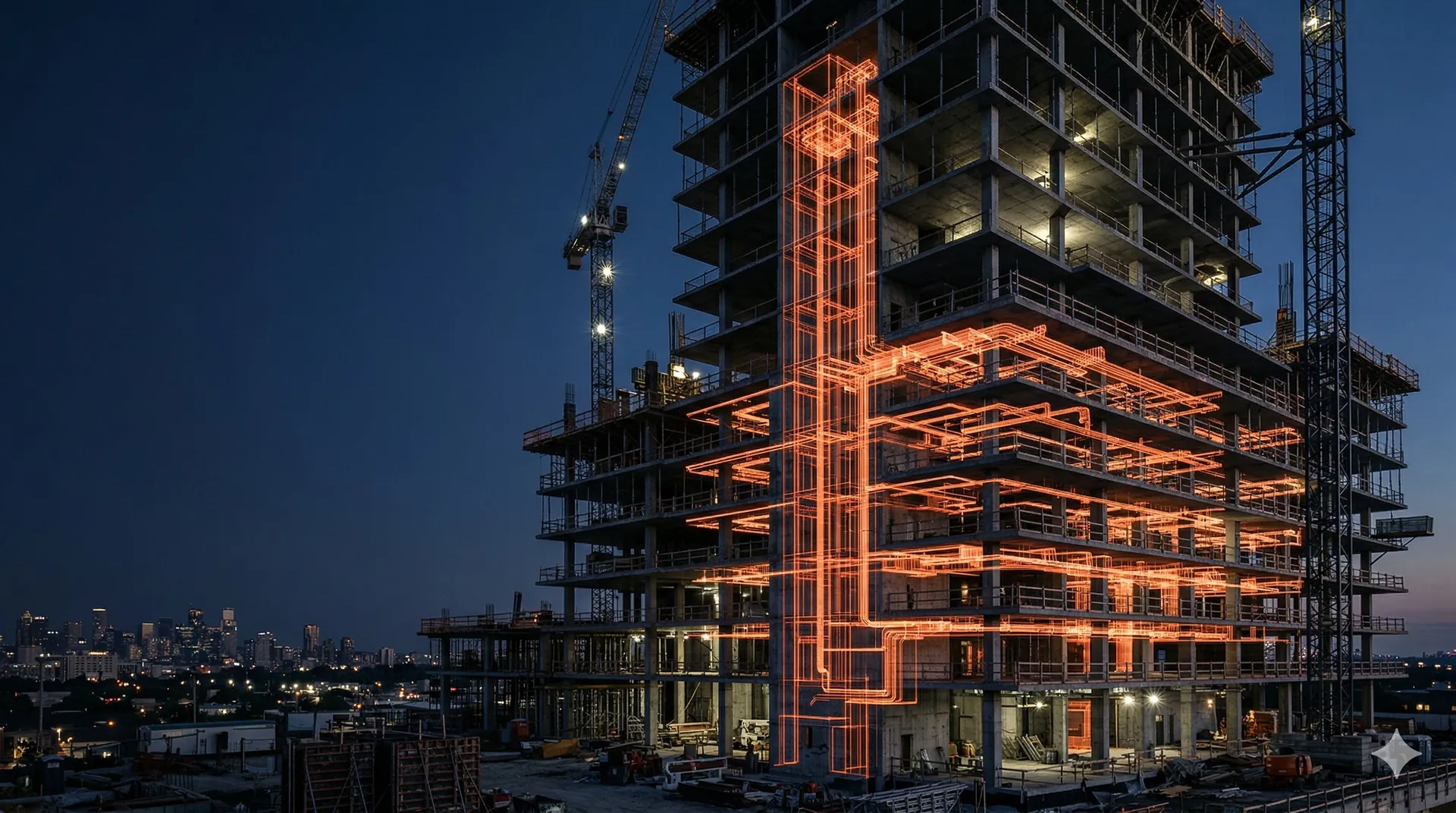 Obra em construção com sobreposição BIM das instalações prediais